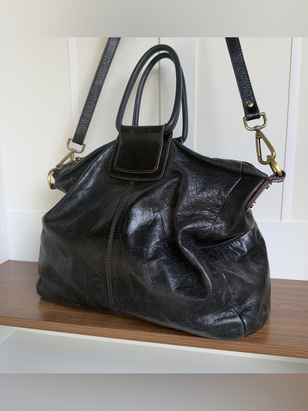 HOBO Sheila Large Satchel/Top Handle Bag Black Leather With Crossbody Strap